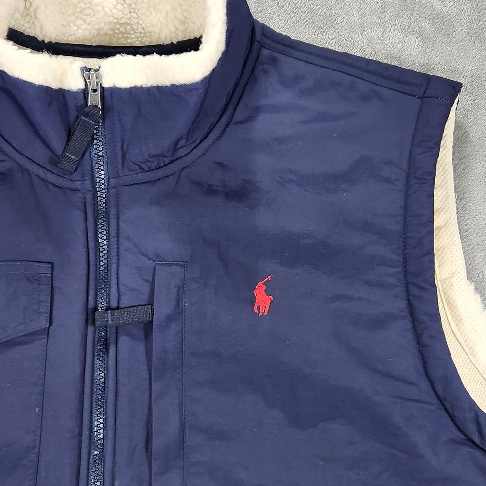 Polo Ralph Lauren Vest Mens 2XL White Sherpa Fleece Navy Yoke Outdoor Zip - Picture 4 of 11